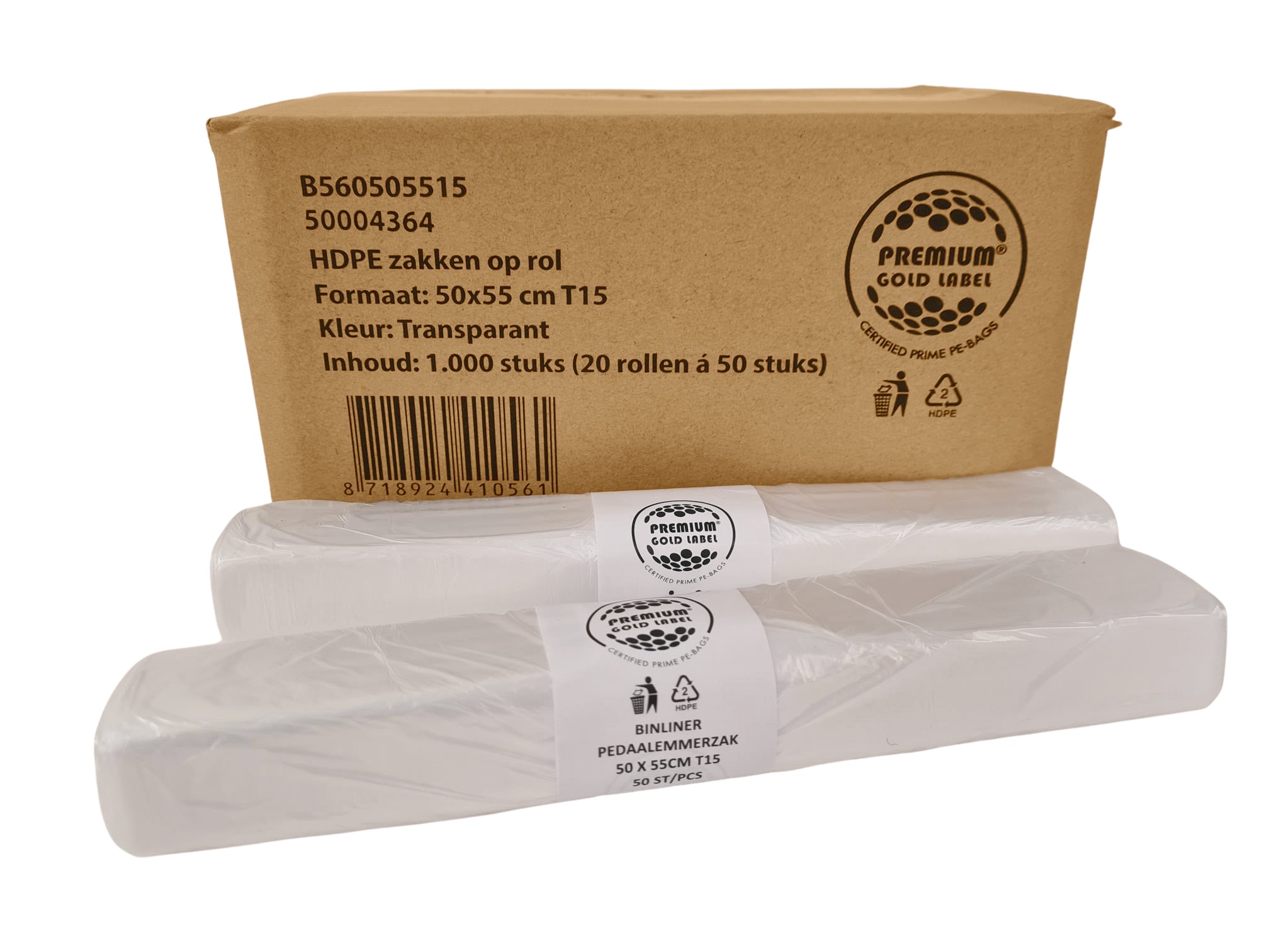 B560505515 HDPE afvalzakken 50x55cm, transparant T15, 16 liter, 1 rol, 50 zakken