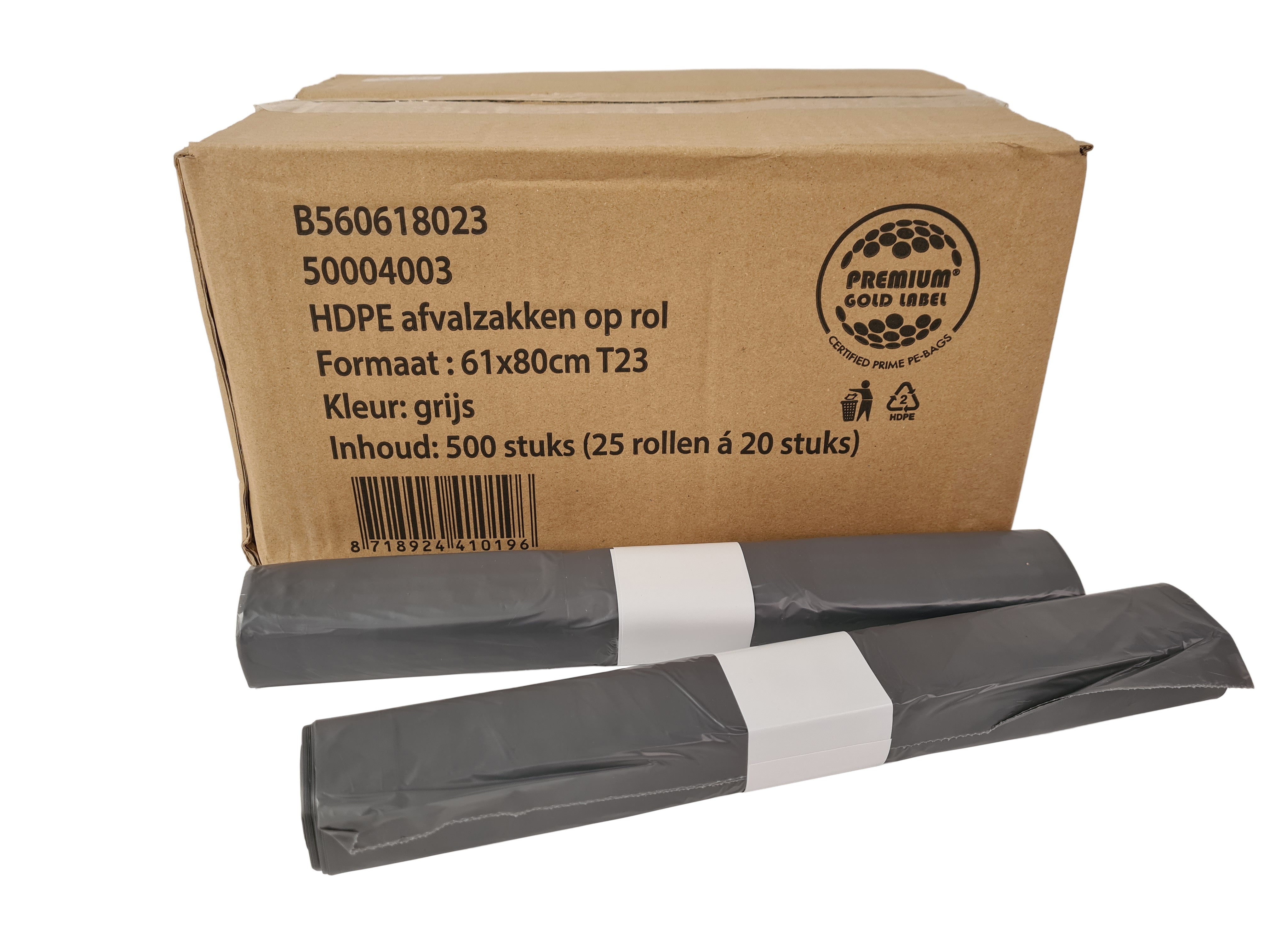 B560618023 Afvalzakken 61x80cm T23 HDPE grijs doos 25 rollen à 20 stuks