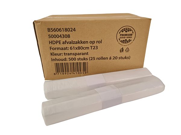 HDPE zak T23 trans. 61x80cm 20 stuks per rol 500 stuks p/ds