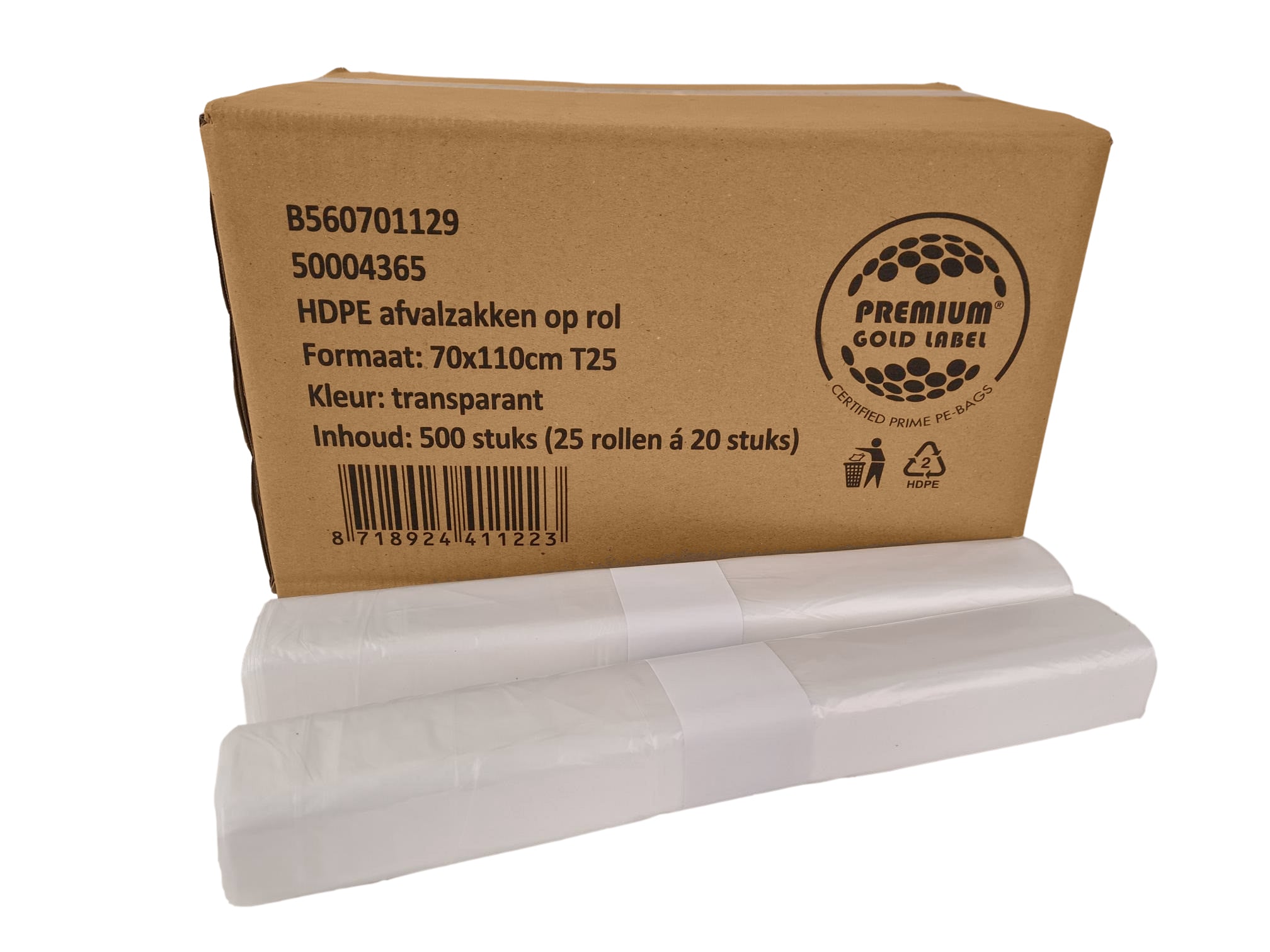 B560701129 HDPE Zak T25 transparant 70x110cm 20 stuks per rol 500 stuks per doos