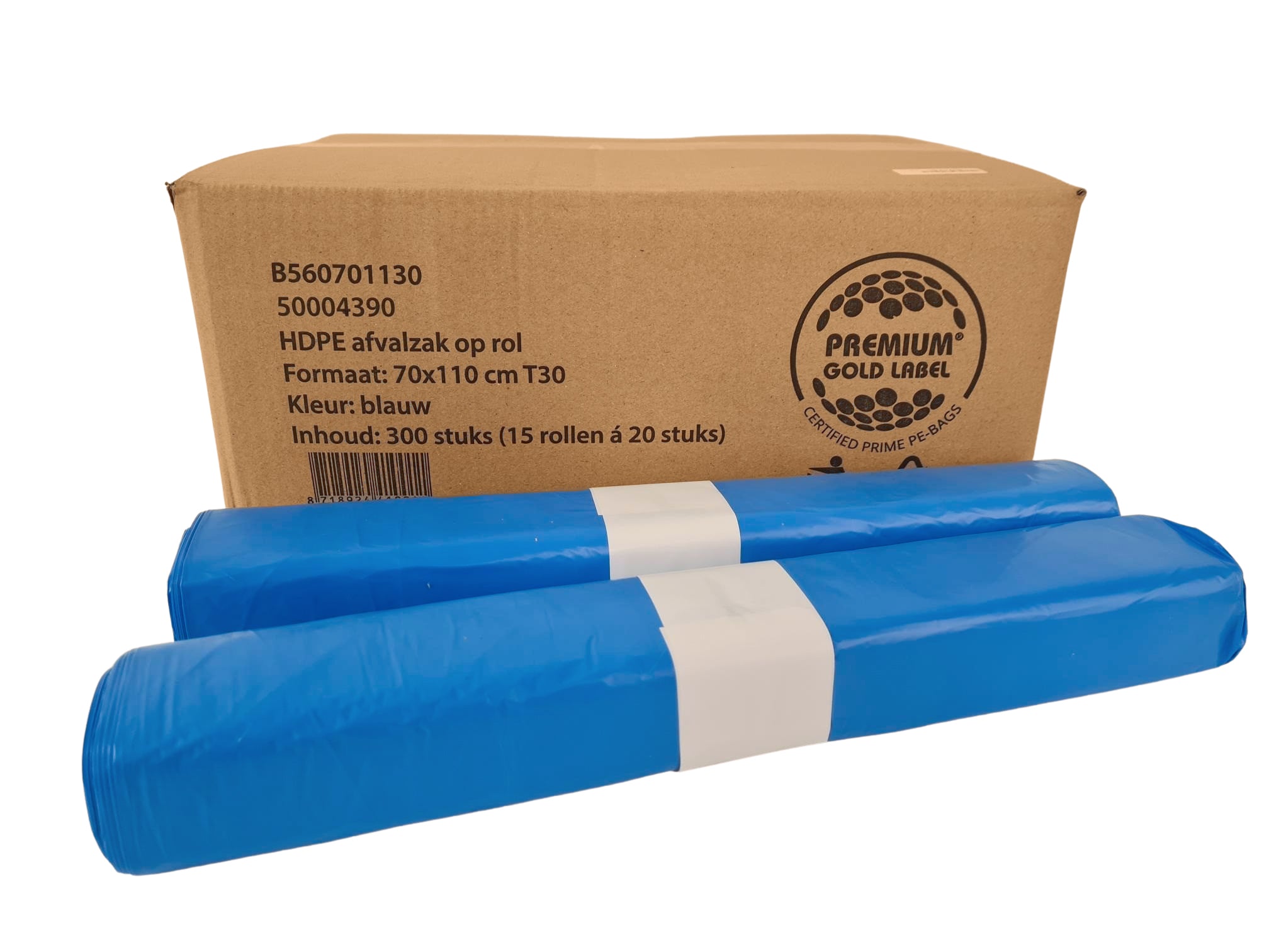 B560701130 Afvalzakken 70x110cm, blauw T30, doos 15 rollen x 20 zakken