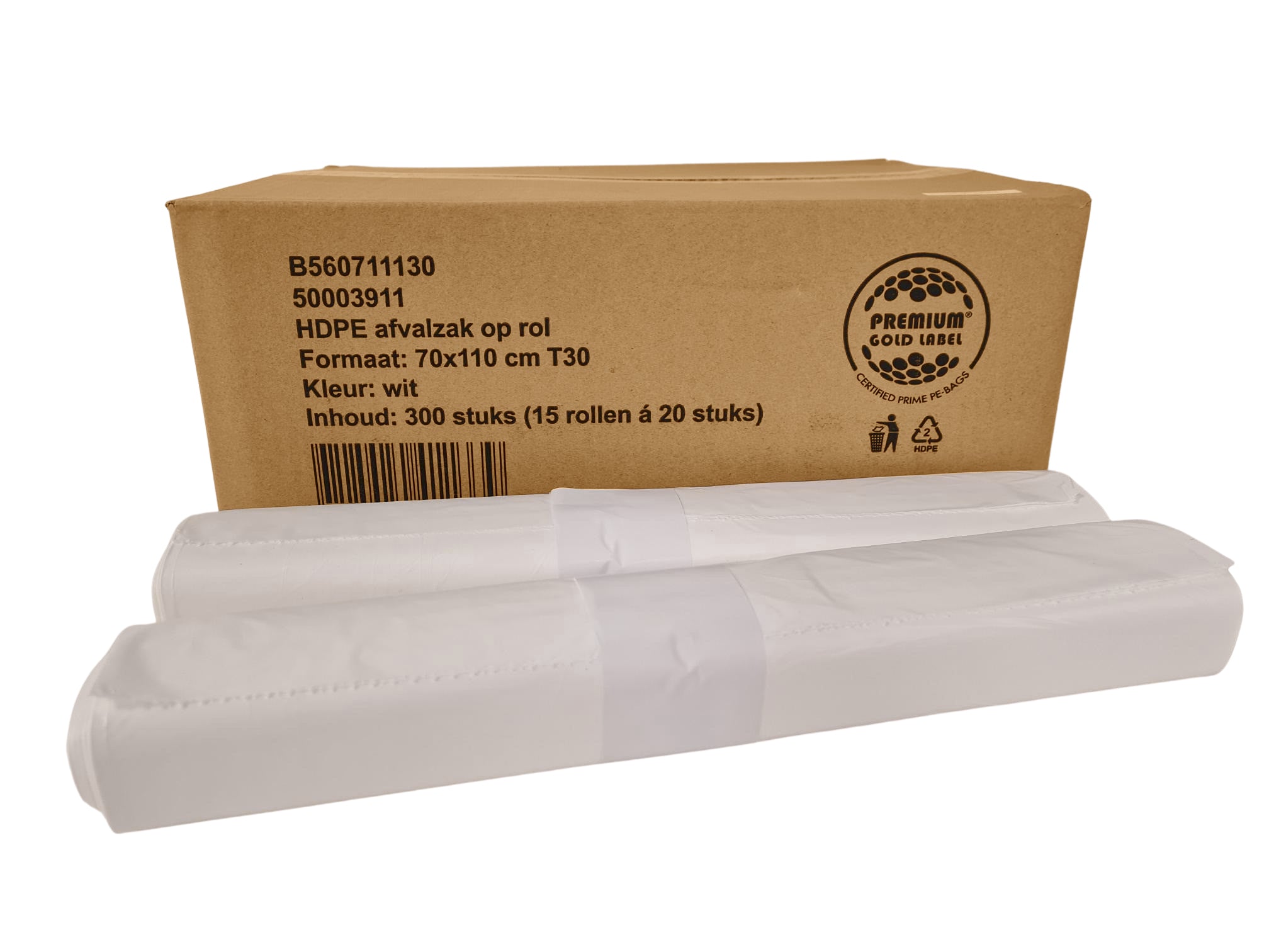 HDPE Zak T30 wit 70x110cm 20 stuks per rol 300 stuks p/ds