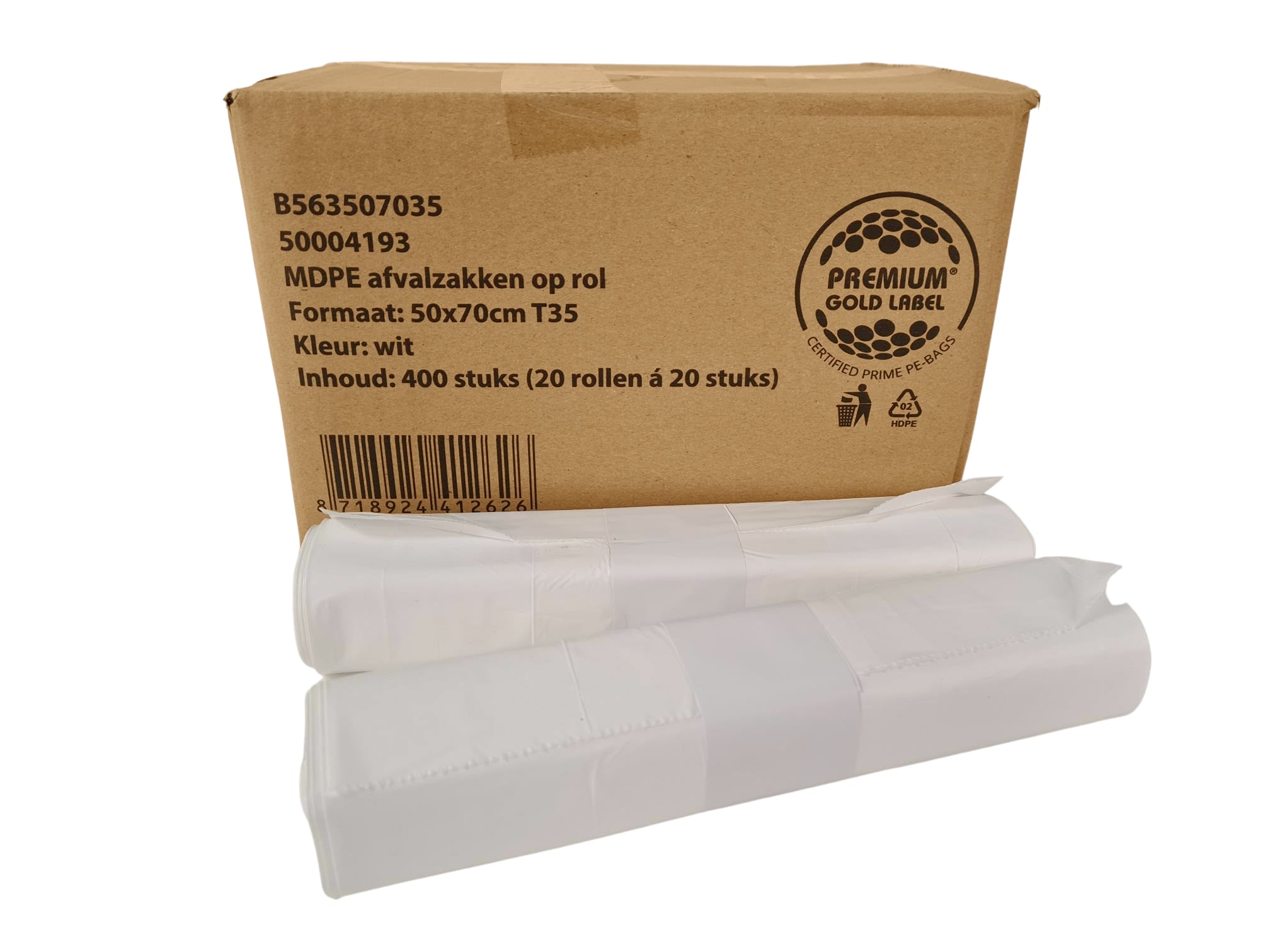 B563507035 MDPE zak *50x70cm* T35 wit 20 stuks per rol  400 stuks per doos