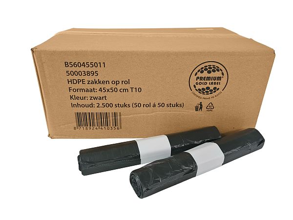 HDPE zak T10 zwart 45x50cm 50 stuks per rol 2.500 per doos