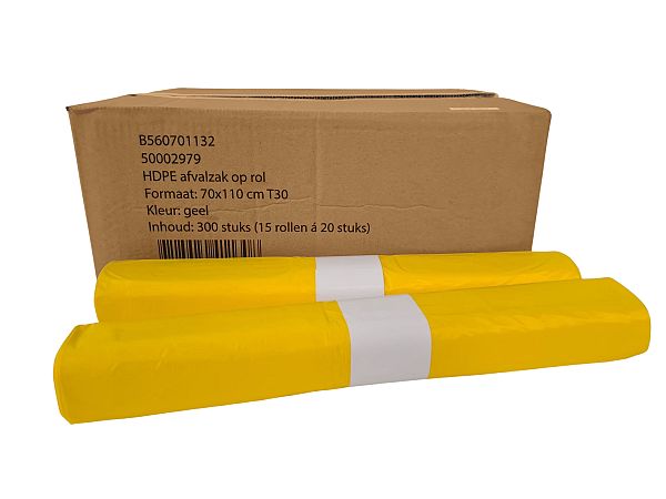 HDPE zak T30 geel 70x110cm 20 stuks per rol 300 stuks p/ds