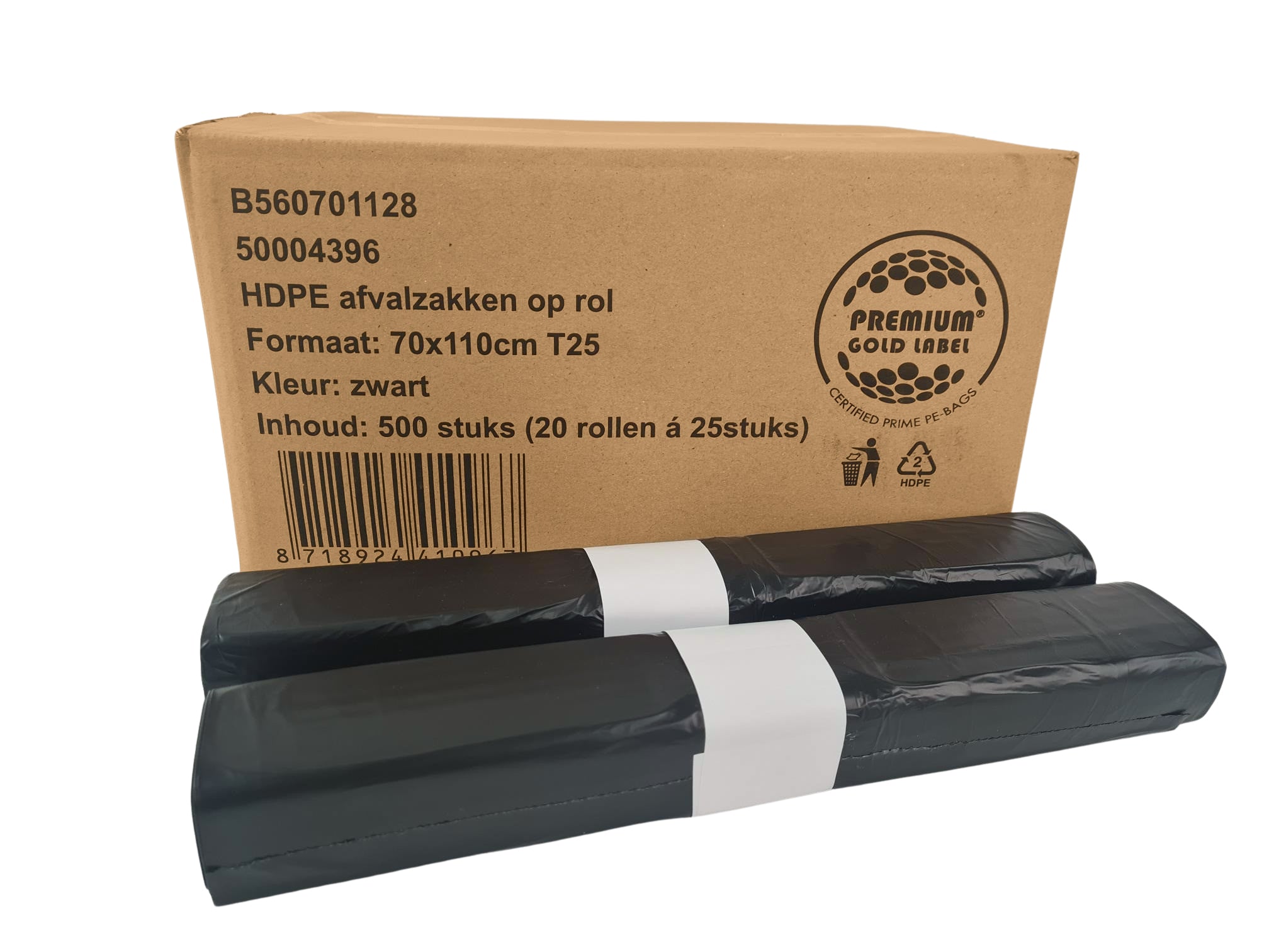 B560701128 HDPE Zak T25 zwart 70x110cm 25 stuks per rol 500 stuks per doos
