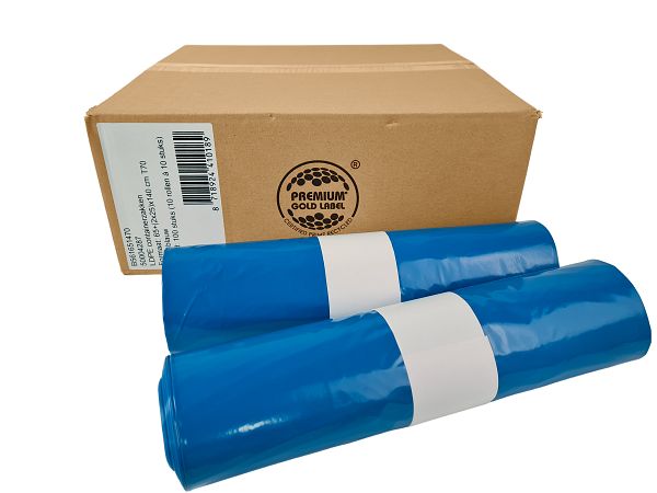 LDPE Zak T70 Blauw 65+(2x25)x140cm 10 st per rol 100 st p/ds