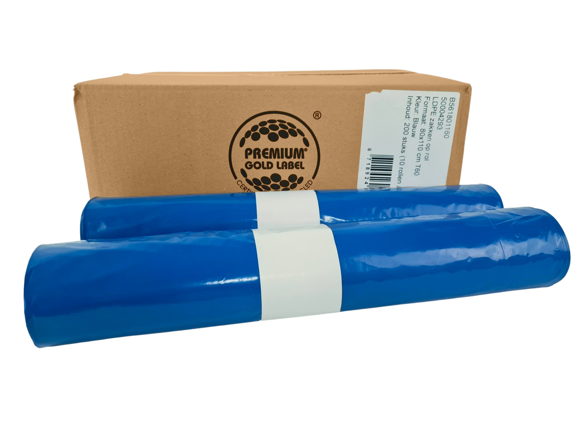 B561801160 Afvalzakken LDPE 80x110cm, blauw T60, doos 10 rollen x 20 zakken op rol